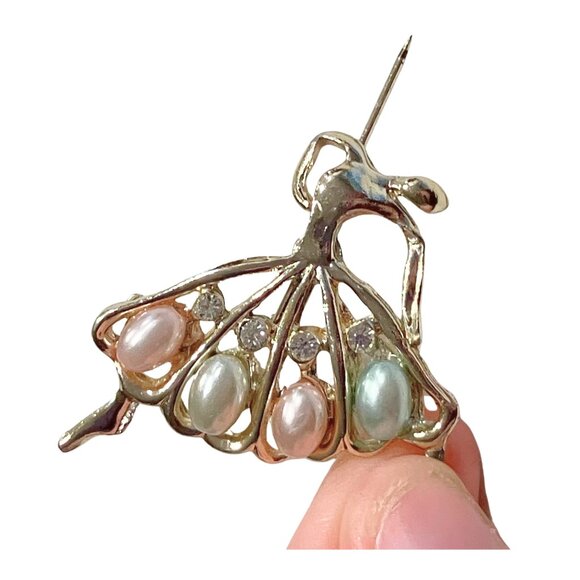 Vintage Ballerina Faux Pearl Rhinestone Brooch Pin Gold Tone MCM Whimsical 1.75” - Picture 5 of 5